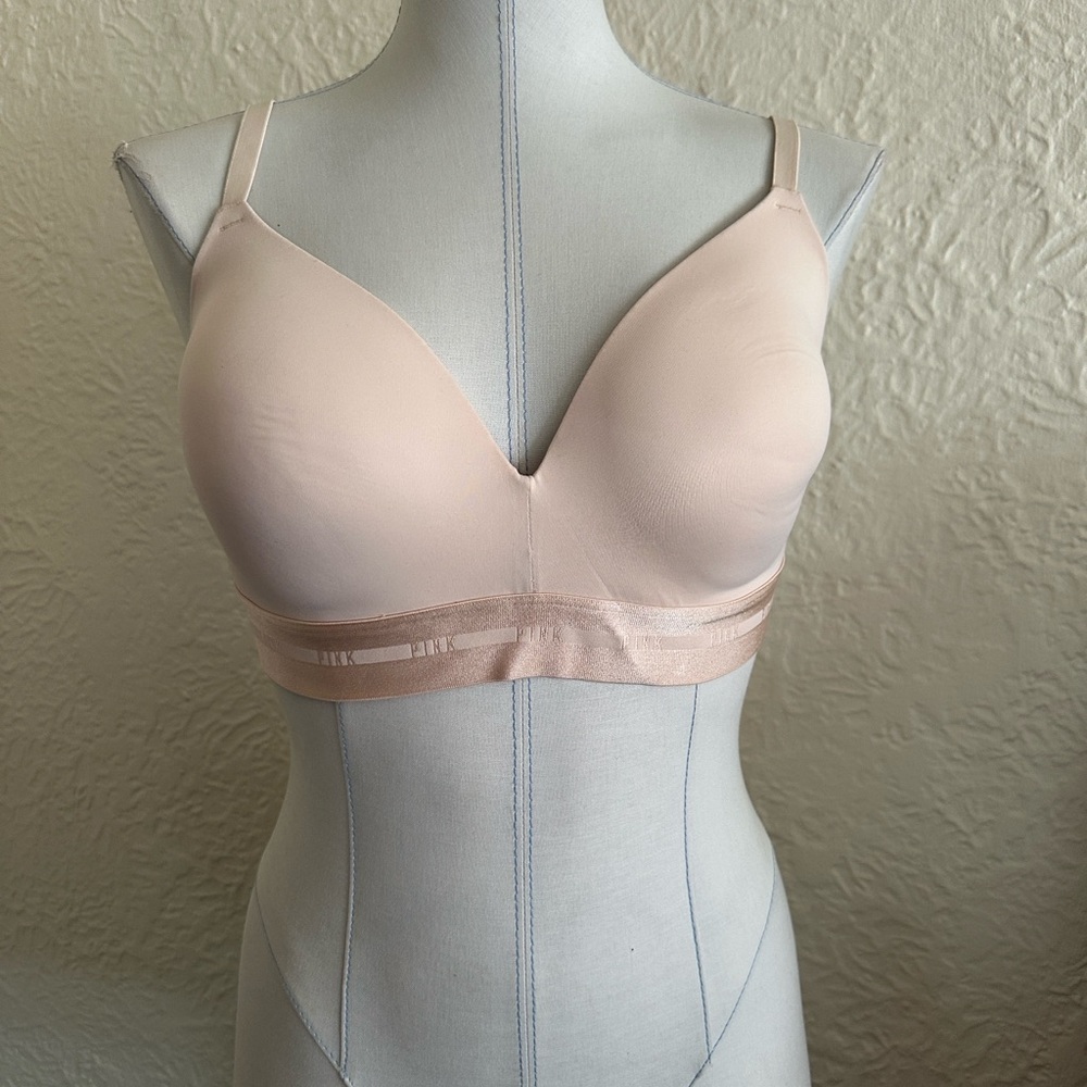Victoria’s Secret Pink Wireless Nude Beige Logo Band Bra Lightly Lined - Picture 3 of 7